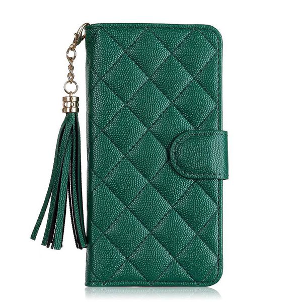 iPhone 15 Diseñador Flip Wallet Funda para teléfono para Apple 14 13 Lujo Pebbled PU Piel de cordero Patrón de diamante Borla Colgante Titular de la tarjeta Bolsillo Contraportada Coque Verde