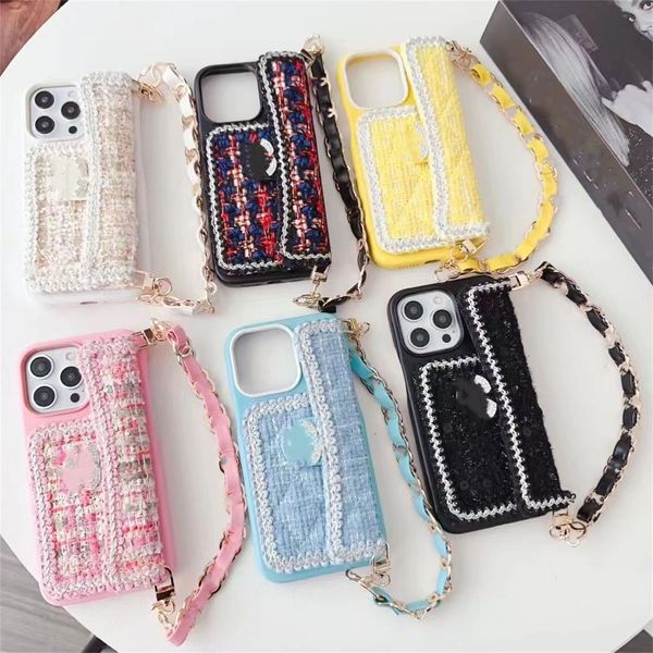 Fundas para iPhone 15 Pro Max Funda para teléfono de cuero cruzada para mujer Funda para iPhone de diseñador Apple iPhone14 Pro Max 13 12 14 Plus Fundas para tarjeteros tipo billetera Funda con cadena para el hombro