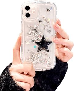 Coque pour iPhone 2HSP4 - Jolie coque de protection à paillettes avec étoiles 3D et cœur en cristal transparent avec design esthétique pour femmes adolescentes et filles