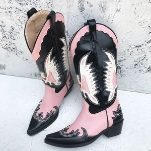 IPPEUM Country Western femmes bottes de Cowboy pour femme chaussures en cuir grande taille 44 mi-mollet rose noir bottes de cow-girl brodées 240116