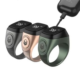 Écran OLED de compteur Tasbih numérique en alliage métallique Iqibla avec rappel de vibration de charge de batterie longue durée Smart Zikr Ring Pro 240110