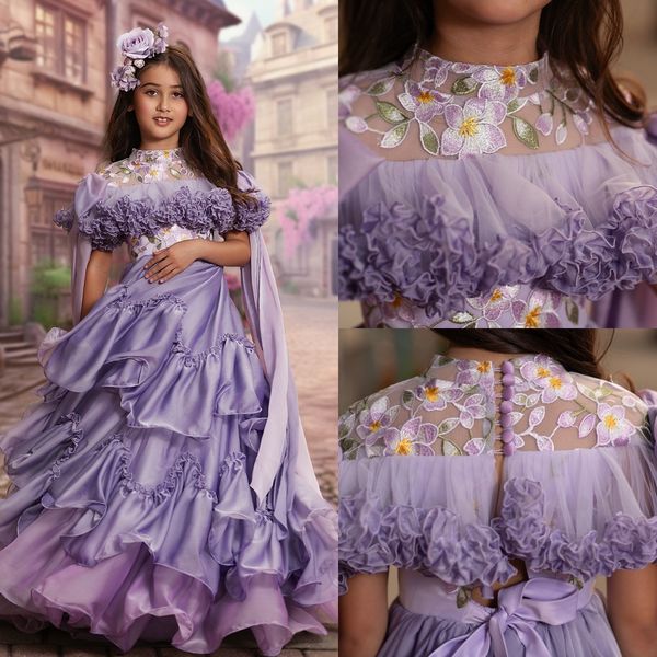 Vestido de desfile de niña preadolescente de gasa iridiscente 2024 Volantes de encaje floral Lila Lavanda Vestido de fiesta formal de cumpleaños para niños pequeños Adolescentes pequeños Tiny Young Junior Miss