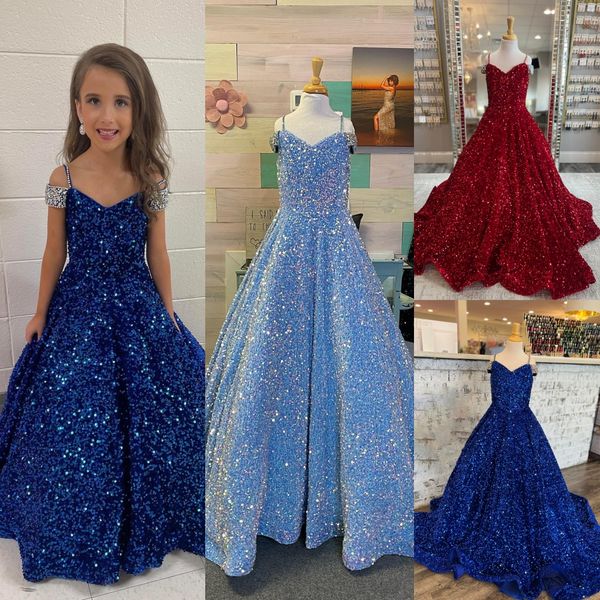 Iridescent Girl Pageant Dress 2023 Velvet Sequin Beading Off-Shoulder Little Kid Anniversaire Robe de soirée formelle A-Line Toddler Teens Preteen Floor-Length Royal Red Blue