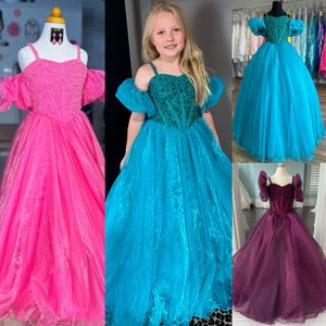 Iriserend Meisje Optochtjurk 2024 Pofmouwen Kralen Organza Kleine kinderen Leuke Mode Runway Drama Cocktailjurk Peuter Tiener Preteen Miss Sherri Magenta Blauwgroen Roze