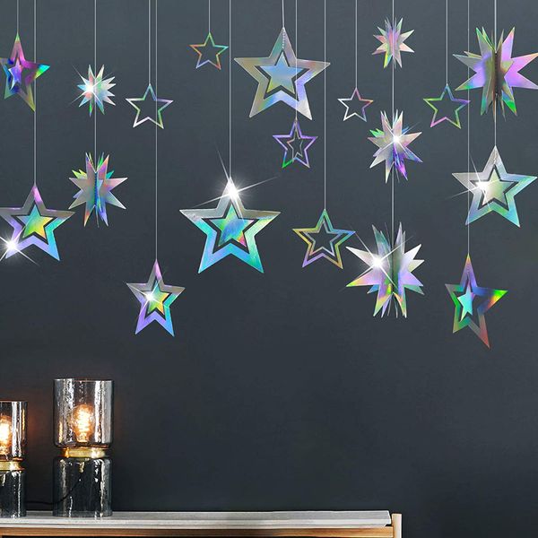 Iridiscent Rainbow Twinkle Mirror Paper Star Garlands Streamer Banner para la fiesta de cumpleaños de boda de plata congelada decoraciones de pared