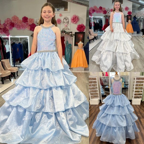 Iridescent Sequin Girl Pageant Dress 2024 Ruffle Layer Organza Little Kid Anniversaire Robe de soirée formelle Infant Toddler Teens Preteen Tiny Young Junior Miss Powder Blue