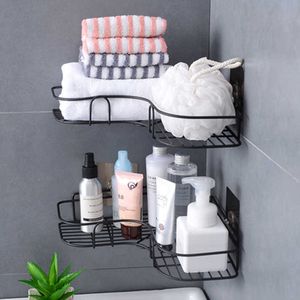 Estante de almacenamiento de baño de hierro Estante de metal sin perforaciones Ducha Cesta de succión montada en la pared Organizador Cocina Hogar Esquina Colgando Bastidores 210724