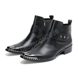 Botas de tobillo para hombres negros de la cabeza de hierro zapatos de cuero genuinos hechos a mano.