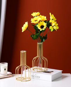Iron nordique Art doré en verre hydroponique Vase Vase Decoration Salon Room Table à manger Dry Flower Plantation Green Pine9852114