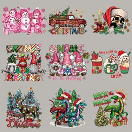 Opstrijkstickers Kerst Heat Transfer Decal Patches Grote Roze Sneeuwpop Kerstman Vinyl voor T-Shirt Kleding Hoodies Kussen DIY Craft Supplies