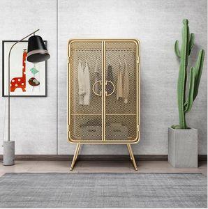 IJzeren eenvoudige mesh slaapkamer meubels gouden kasten dubbele deur kleding en hoeden recipiënt plank vloer-type creatieve kledingkast