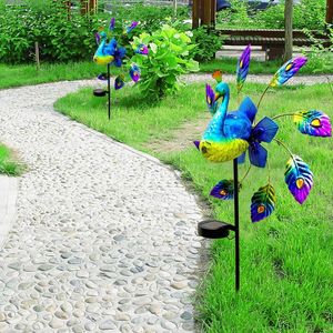 Ijzer Solar Pauw Windmolen Tuin Licht 3D Kolibrie Pinwheel Landschap Lamp Verlichting Ornamenten Home Decor Voor Feestdagen