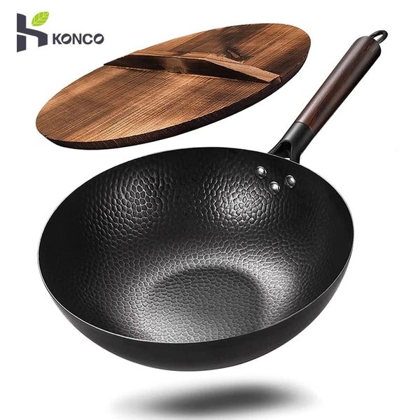 Iron Wok tradicional 125 acero carbono sartén antiadherente woks y sartenes con salteado con cocinero de cocina tapa para todas las estufas 240415