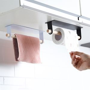 Fer en bois auto-adhésif rouleau porte-papier porte-serviettes tissu cintre support sans ongles armoire étagère cuisine salle de bain accessoires