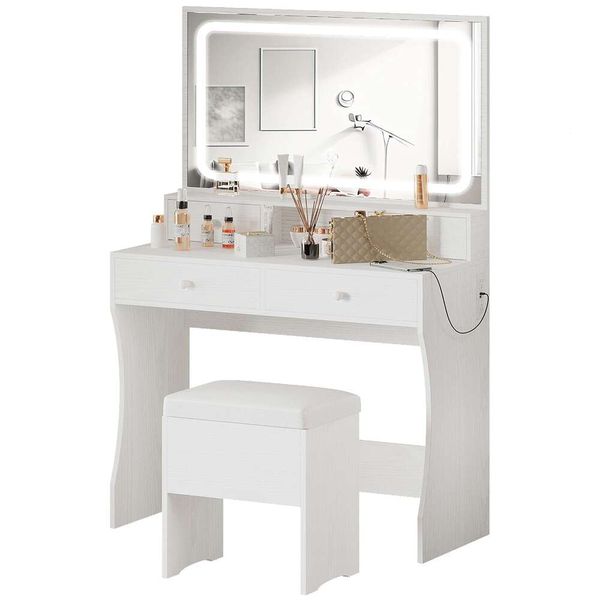 IRONCK – ensemble miroir lumineux LED et prise de courant, coiffeuse avec 4 tiroirs, Table de rangement, chambre à coucher, salle de bain, couleur blanche