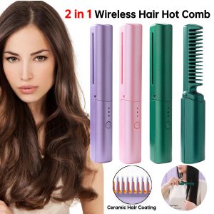 Ijzers 2in1 Draadloze Professionele Stijltang Curler Kam Snelle Verwarming Negatieve Ionen Rechttrekken Curling Borstel Styling Tools