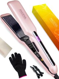 Irons ANGENIL Flat Iron 1.6 Inch Wide Curling Iron in One, Argan Oil Dual Voltage Hair Straightener and Curler 2 in 1, Fast Heating