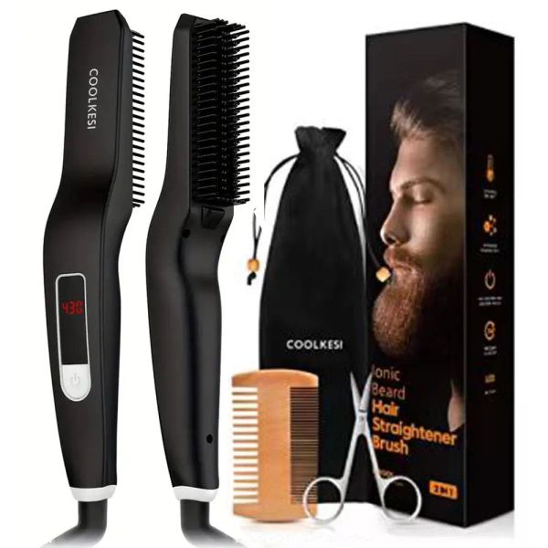 Fers à lisser ionique pour cheveux, peigne anti-brûlure en céramique, brosse à barbe chauffante, peigne à lisser Portable, 6 températures réglables