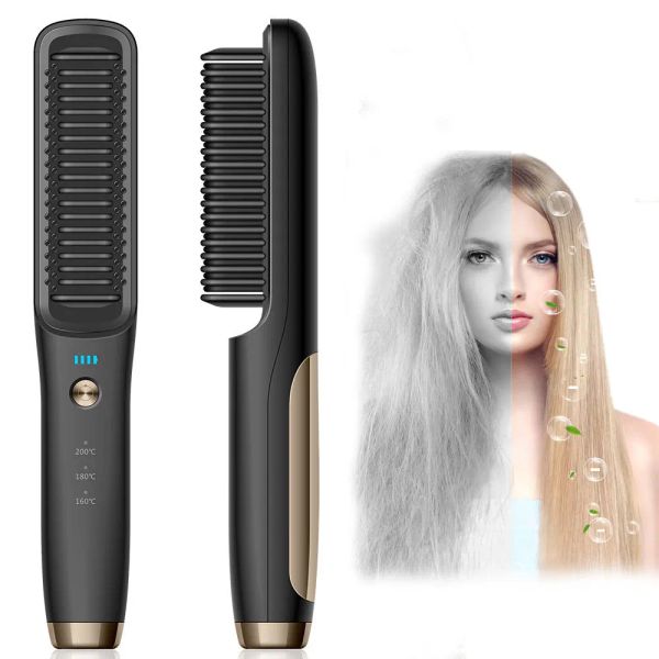 Fers à lisser sans fil, brosse Portable et Rechargeable, peigne à lisser pour barbe et cheveux, pour femmes et hommes, Anti-brûlure