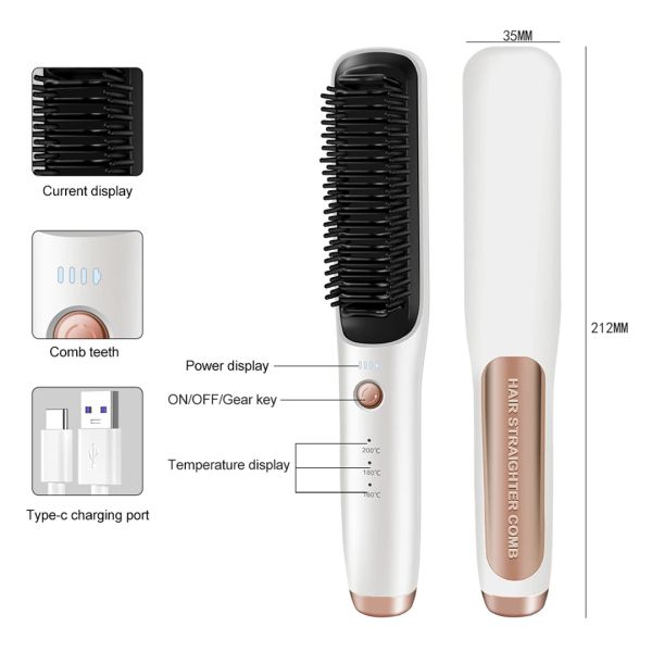 Fers à repasser brosse à lisser les cheveux sans fil chargeur USB peigne chaud fer 3 réglages de température peigne anti-repassage électrique