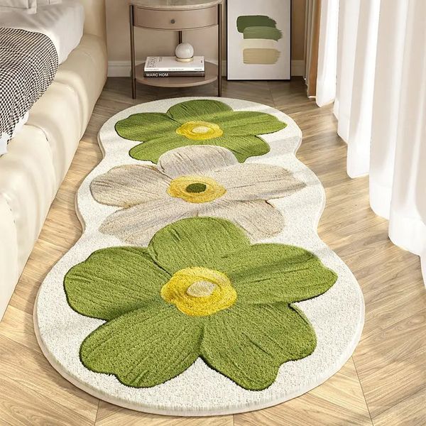 Tapis de chevet irrégulier à motif de fleurs, Imitation laine, tapis de sol antidérapant pour chambre à coucher, décoration de la maison, 240122