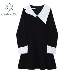 Onregelmatige kraag zwart gewas shirt jurk voor dames lange mouw elegante baggy leisure vestidos oversized straat Koreaanse jurken 210417
