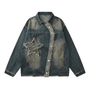 Onregelmatige denim jassen Man patchwork gesplitst gebleekt vintage losse oversize gewassen casual tops