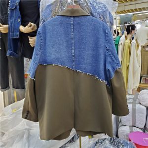 Onregelmatige denim patchwork blazer jas vrouwen pocket bovenkleding veer losse middelste lengte contour jeans splicing suit jas vrouw