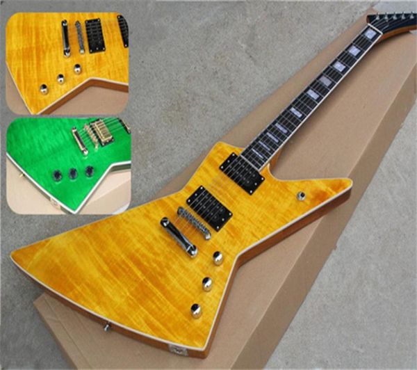 Guitarra eléctrica irregular explorer, cuerpo de caoba verde amarillo, tapa de arce flameado, diapasón de palisandro, encuadernación blanca, pastillas HH LP5008102