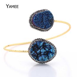 Pulseras de brazalete de piedra natural irregular Big Druzy Crystal Chakra Healing Stone Brazalete Chapado en oro Brazaletes ajustables para mujeres Q0717