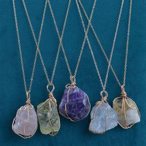 Onregelmatige natuursteen ketting edelstalen ketting kristal draad amethist kwarts agaat edelsteen hanger vrouwen kettingen mode-sieraden wil en zand cadeau