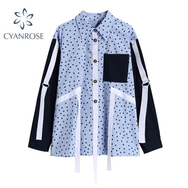 Irrégulier Patchwork Dot Imprimer Chemises Tops Femmes Plus La Taille Streetwear Blouses Harajuku Gothique Cardigan Petit Ami Blusas Top Mujer 210417