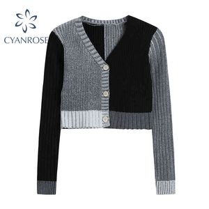Onregelmatige Patchwork Spliced ​​Cardigan Crop Sweater Dames Lange Mouw V-hals Streetwear Slim Knitwear Elegante Chic Knit Tops 210417