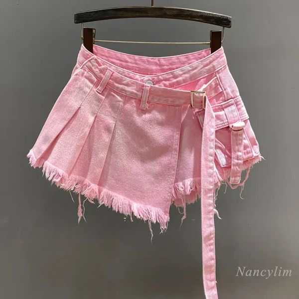 Vêtements d'ajustement serrés en jean rose irrégulier pour les femmes à la taille de taille élevée en été, fausses vêtements de travail en ligne A-ligne, mini-jupe à manches courtes 240423