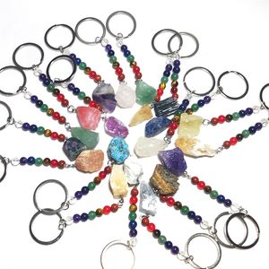 Porte-clés en pierre de minerai brut irrégulier 7 couleurs chaînes de perles de Chakra porte-clés à breloques porte-clés en cristal de guérison pour femmes hommes