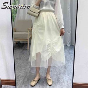 Onregelmatige zomer lange tule rok vrouwen Koreaanse stijl witte mesh hoge taille esthetische midi geplooide vrouwelijke 210421