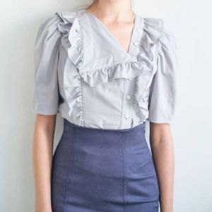 Col rabattu irrégulier Champignon Design Blouses Femmes Japon Style Élégant Bouton Solide Chemise Été Chic Doux Tops Mujer 210525