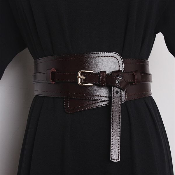 Sangle de corset large irrégulier Vache en cuir ajusté Femmes de taille ceinture kaki café noir Robe en cuir réel cintre