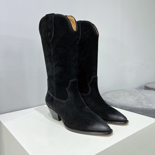 Isabel Marants Zapatos occidentales de mujer Botas de gamuza Duerto Cuero genuino Estilo occidental Tacón bajo en bloque Botas Duerto Moda perfecta Fotos reales