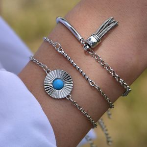 Isang Hot Selling Identificatie Armband Sieraden Set Europese en Verenigde Staten Mode Turquoise Kwastje Armband Dames Meisjes Sieraden 3 stks / set