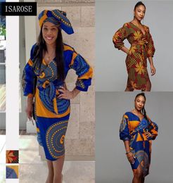 Isarose African Dashiki Robe V cou celtre ceinturé Rich Rich Print Bazin High Wonstline Plus Taille Bureau Dame Femmes Daily Clothing9448411