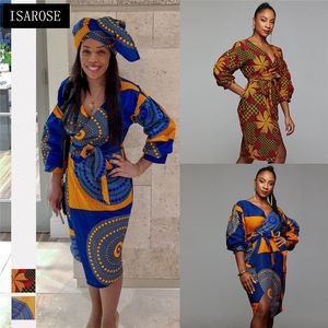 Isarose African Dashiki Dress V Neck Belted Slit Rich Print Bazin High Taille Plus Size Office Lady Women Daily Clothing