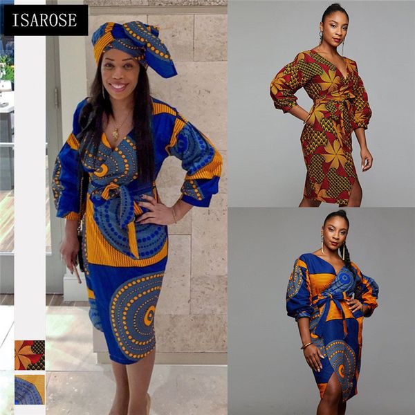 Isarose African Dashiki Robe V Cou Ceinture Slit Riche Imprimer Bazin Taille Haute Plus Taille Bureau Lady Femmes Vêtements Quotidiens 210422