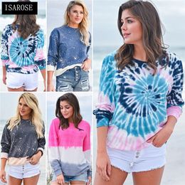 ISAROSE Otoño Contraste Color Jersey de gran tamaño Tie-Dye Manga larga O Cuello Jerseys Mujeres Moda No Sudadera con capucha Streetwear Tops 210422