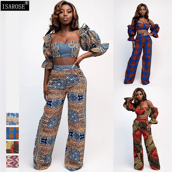 ISAROSE Moda Impreso Conjuntos de pantalones DIY vistiendo estilo africano Tops recortados Pantalones de pierna ancha Mangas de hojaldre Tallas grandes Ropa elástica 210422