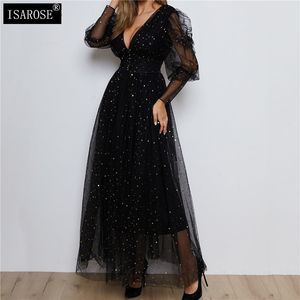 ISAROSE Glitter Robe Dos Nu Petites Étoiles Paillettes Noir Mesh Deep V Puff Manches Longues Lady Sexy Taille Haute Midi Robes 210422