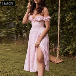 ISAROSE Lady Summer Pink Dress Sweet Flower Print Off épaule Princess Party Casual Holiday Robe plissée à encolure dégagée avec fente 210422