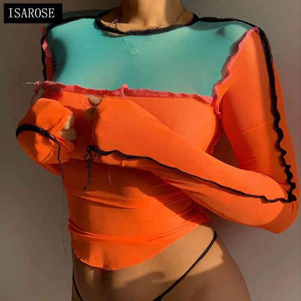 Isarose Sexy Mesh Tops Doux Respirant Transparent T-shirt Court À Manches Longues O Cou Orange Patchwork Crop Top Expédition Rapide 210422