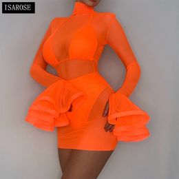 Isarose vrouwen 3 stuks jurk sets ruche mouwen mesh coltrui sexy oranje slanke bikini set algemene strand party nachtclub jurk 210422