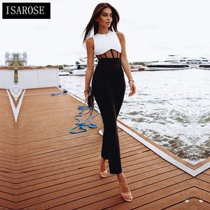 Isarose Vrouwen Bandage Jumpsuits Zomer O Hals Mouwloos Mesh Hoge Taille Enkel Lengte Zwart Wit Gemengde Sexy Rits Playsuits 210422